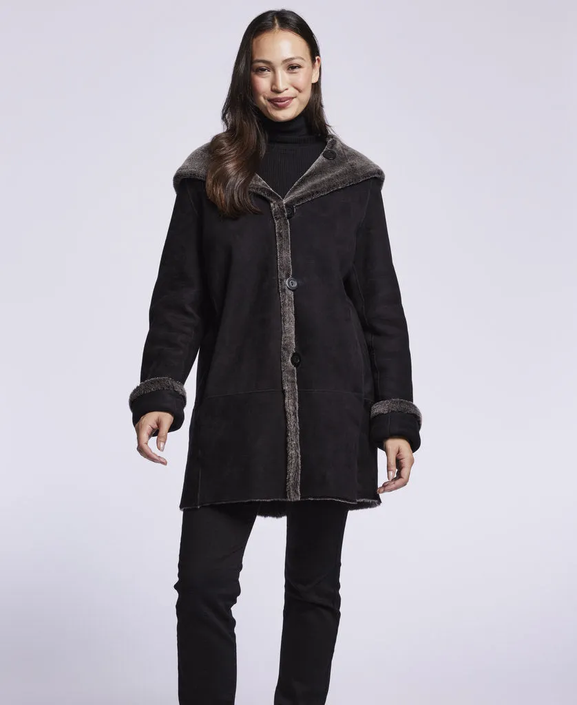 007 Reversible  hooded shearling topper just 3 left   1/S 1/\M 1/l   SOLID BLACK $500  sorry no additional discounts