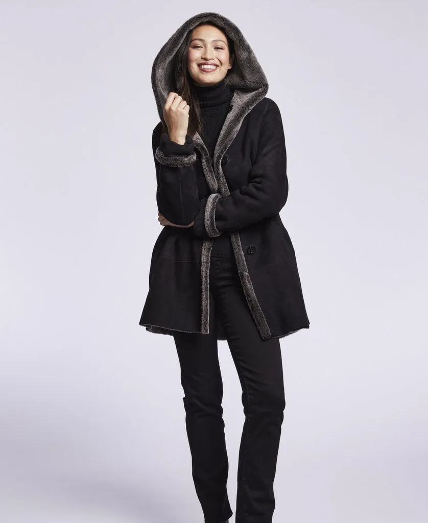 007 Reversible  hooded shearling topper just 3 left   1/S 1/\M 1/l   SOLID BLACK $500  sorry no additional discounts