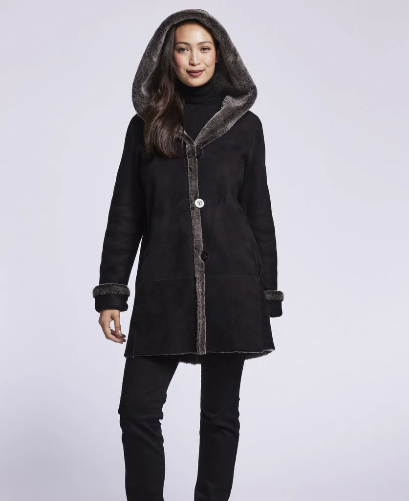 007 Reversible  hooded shearling topper just 3 left   1/S 1/\M 1/l   SOLID BLACK $500  sorry no additional discounts