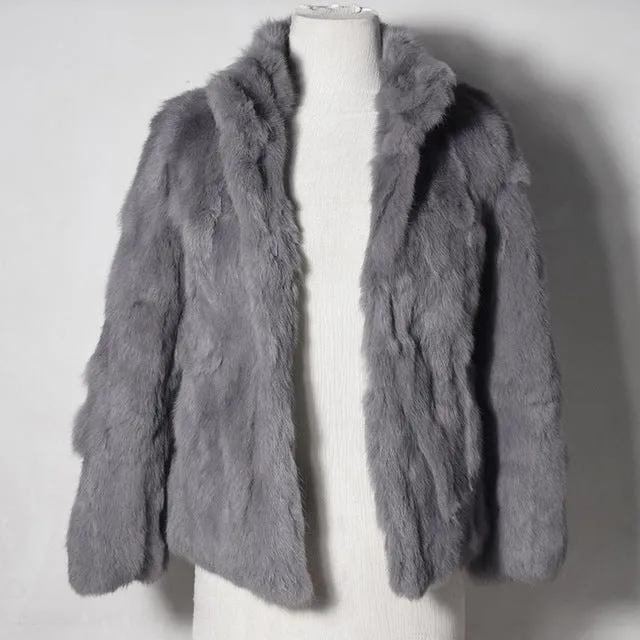 2017 High Quality Real Fur Coat Fashion Genuine Rabbit Fur Overcoats Elegant Women Winter Outwear Stand Collar Rabbit Fur Jacket