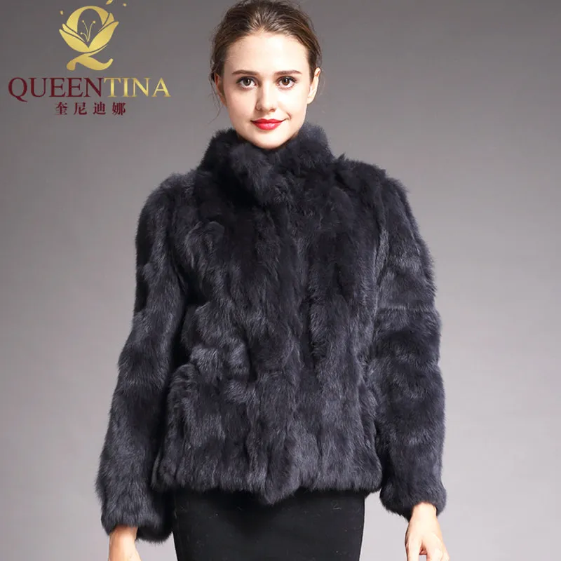 2017 High Quality Real Fur Coat Fashion Genuine Rabbit Fur Overcoats Elegant Women Winter Outwear Stand Collar Rabbit Fur Jacket