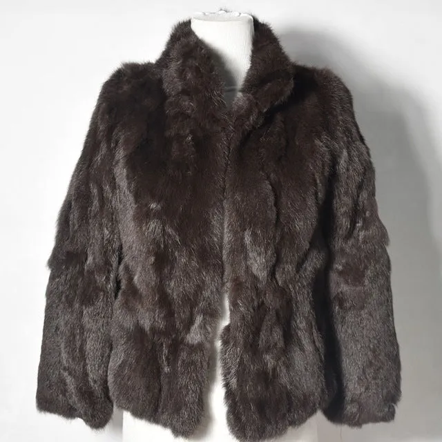 2017 High Quality Real Fur Coat Fashion Genuine Rabbit Fur Overcoats Elegant Women Winter Outwear Stand Collar Rabbit Fur Jacket