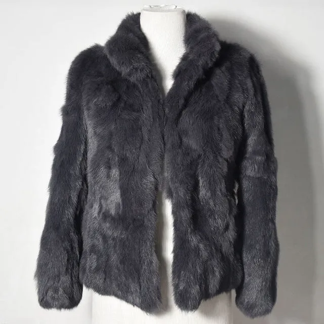2017 High Quality Real Fur Coat Fashion Genuine Rabbit Fur Overcoats Elegant Women Winter Outwear Stand Collar Rabbit Fur Jacket