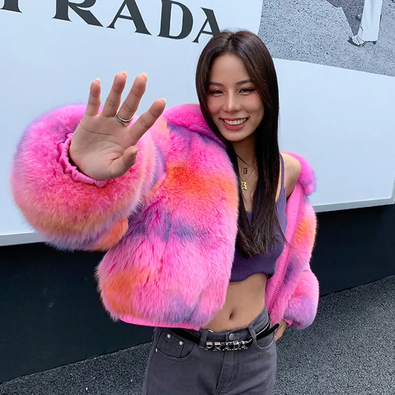 2022 New Multicolor Fox Fur Coat Women Luxury Collared Zipper Short Overcoat Warm Winter Streetwear 3655A