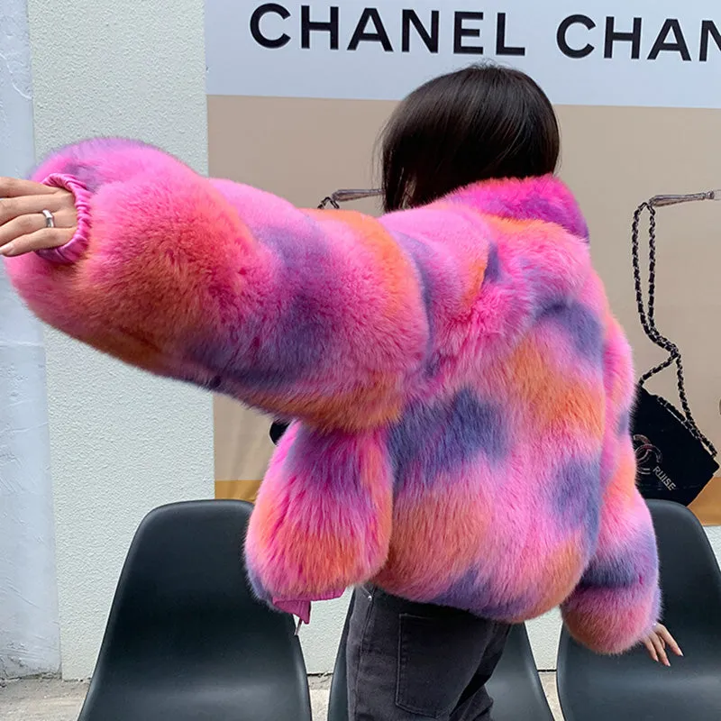 2022 New Multicolor Fox Fur Coat Women Luxury Collared Zipper Short Overcoat Warm Winter Streetwear 3655A