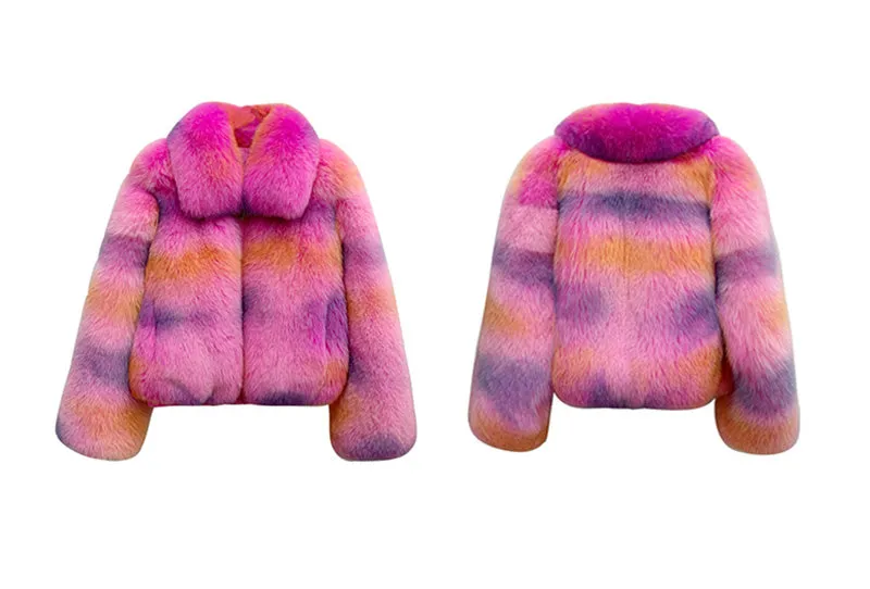 2022 New Multicolor Fox Fur Coat Women Luxury Collared Zipper Short Overcoat Warm Winter Streetwear 3655A
