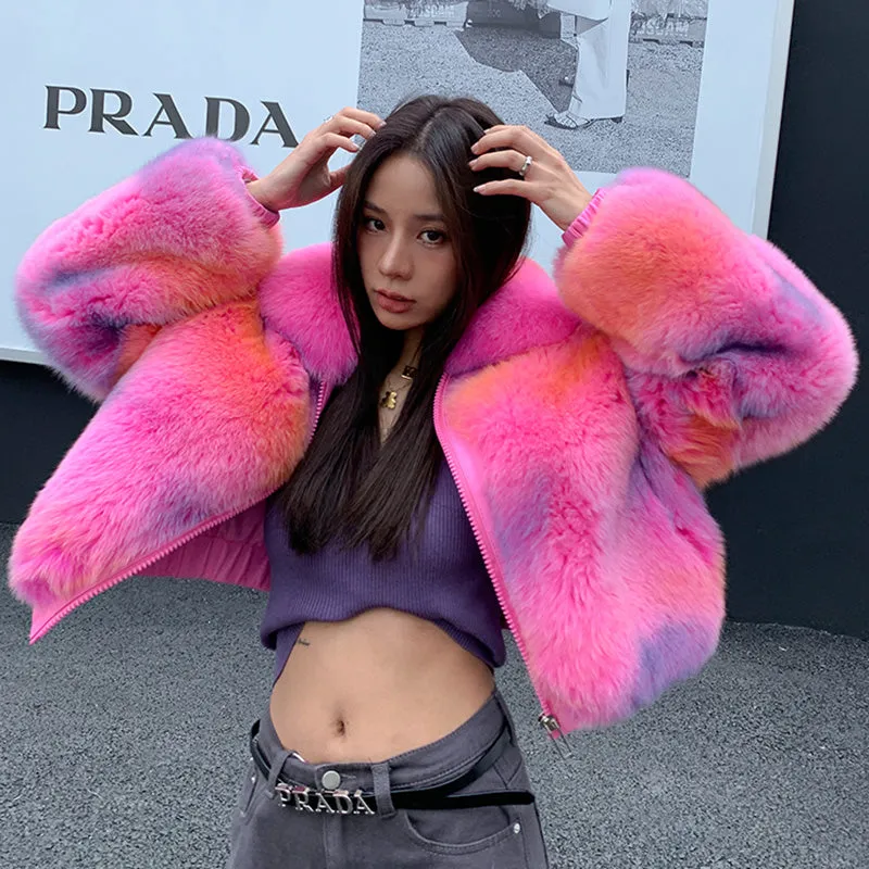 2022 New Multicolor Fox Fur Coat Women Luxury Collared Zipper Short Overcoat Warm Winter Streetwear 3655A