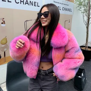 2022 New Multicolor Fox Fur Coat Women Luxury Collared Zipper Short Overcoat Warm Winter Streetwear 3655A