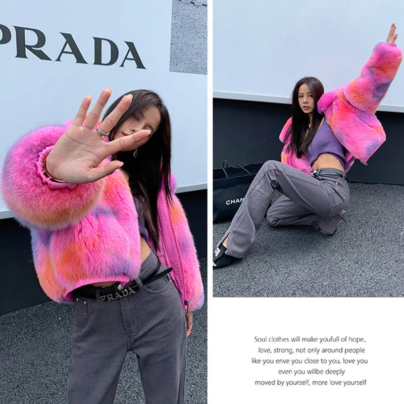 2022 New Multicolor Fox Fur Coat Women Luxury Collared Zipper Short Overcoat Warm Winter Streetwear 3655A