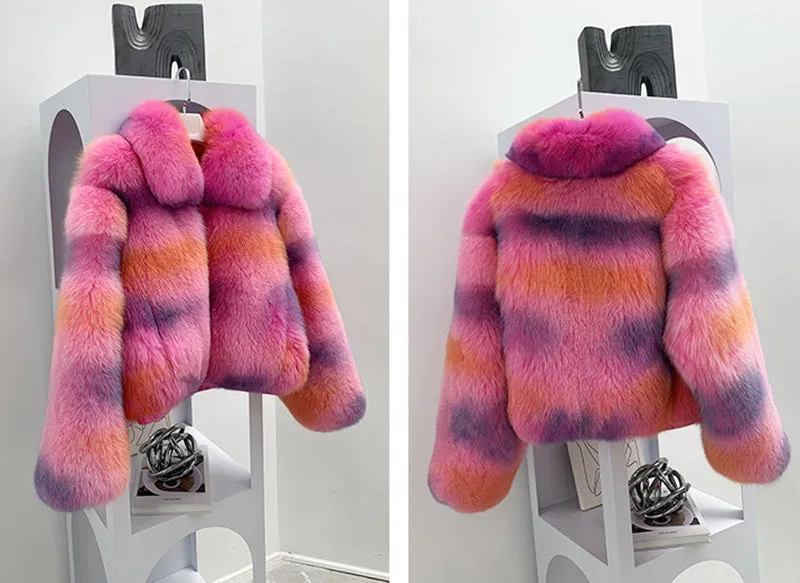 2022 New Multicolor Fox Fur Coat Women Luxury Collared Zipper Short Overcoat Warm Winter Streetwear 3655A