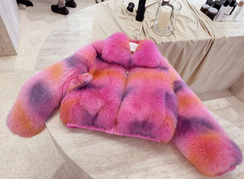 2022 New Multicolor Fox Fur Coat Women Luxury Collared Zipper Short Overcoat Warm Winter Streetwear 3655A