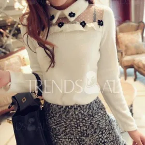 3D Floral Lace Splicing Ladylike Style Long Sleeves Peter Pan Collar Women's Sweater - Beige One Size