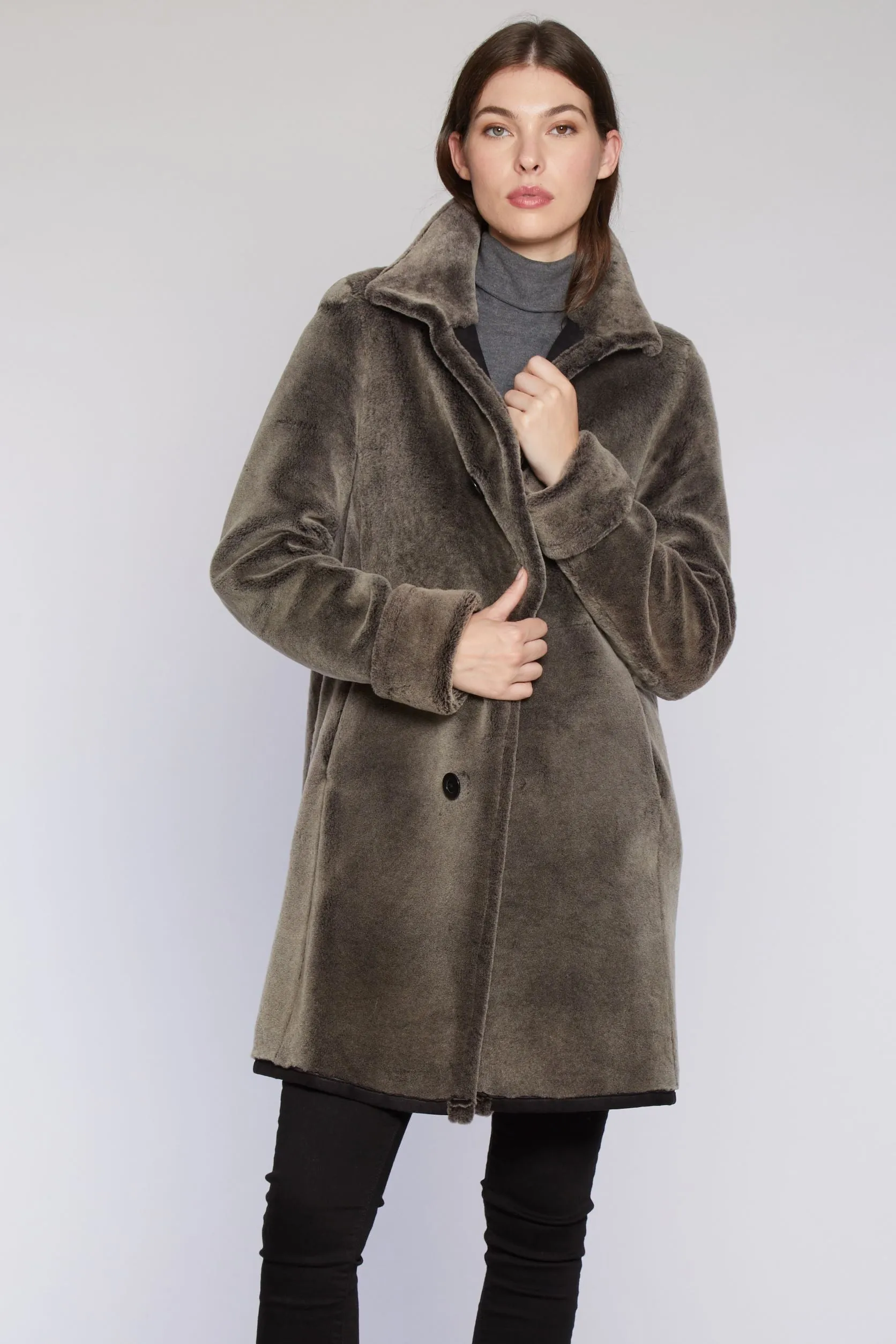 #6160 Reversible Spanish Merino Shearling Coat shown  limited sizes  $500  sorry no additional discounts