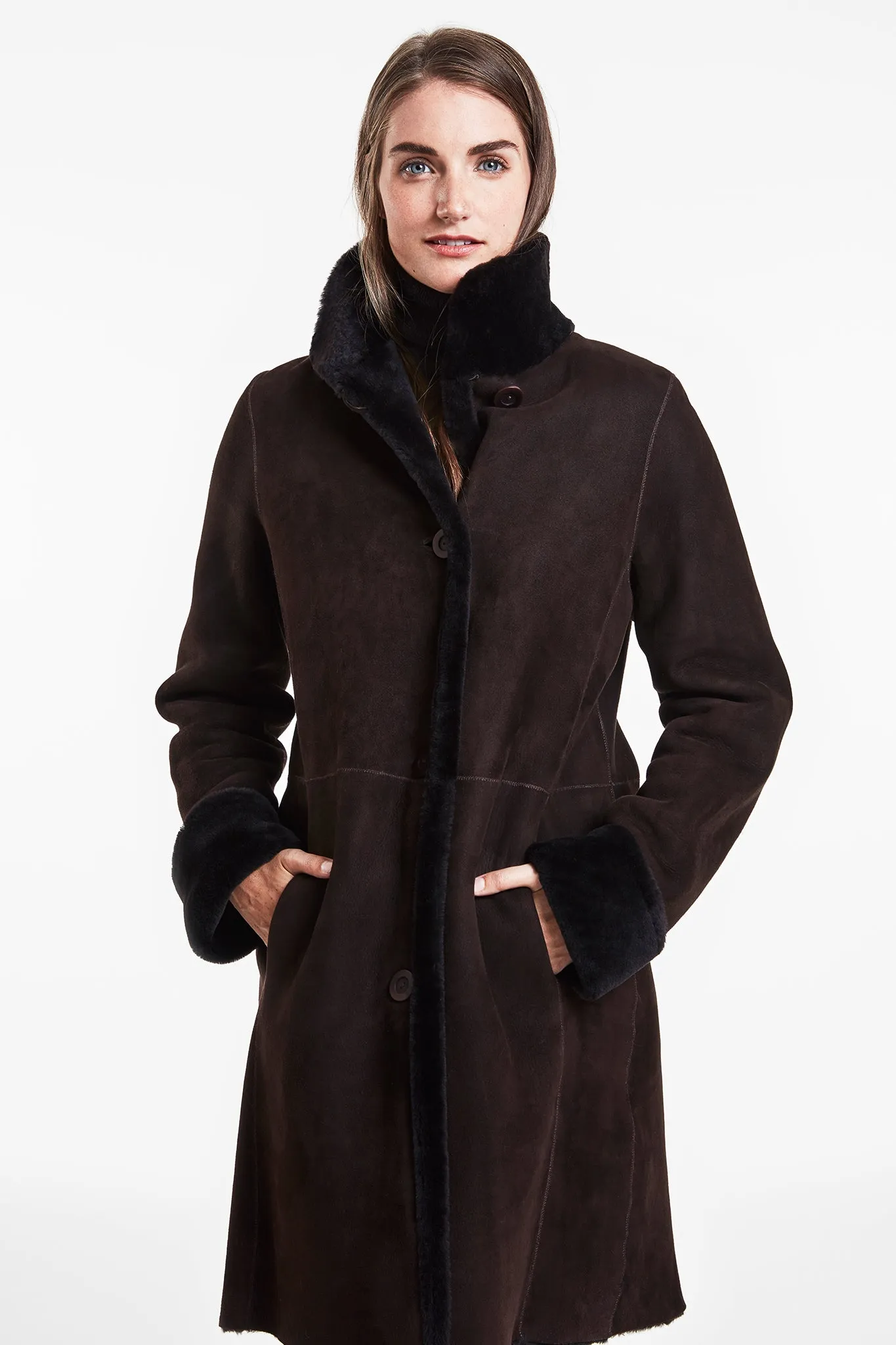 #6160 Reversible Spanish Merino Shearling Coat shown  limited sizes  $500  sorry no additional discounts