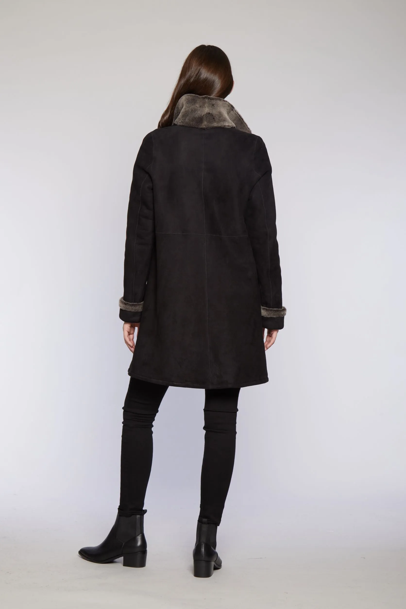 #6160 Reversible Spanish Merino Shearling Coat shown  limited sizes  $500  sorry no additional discounts