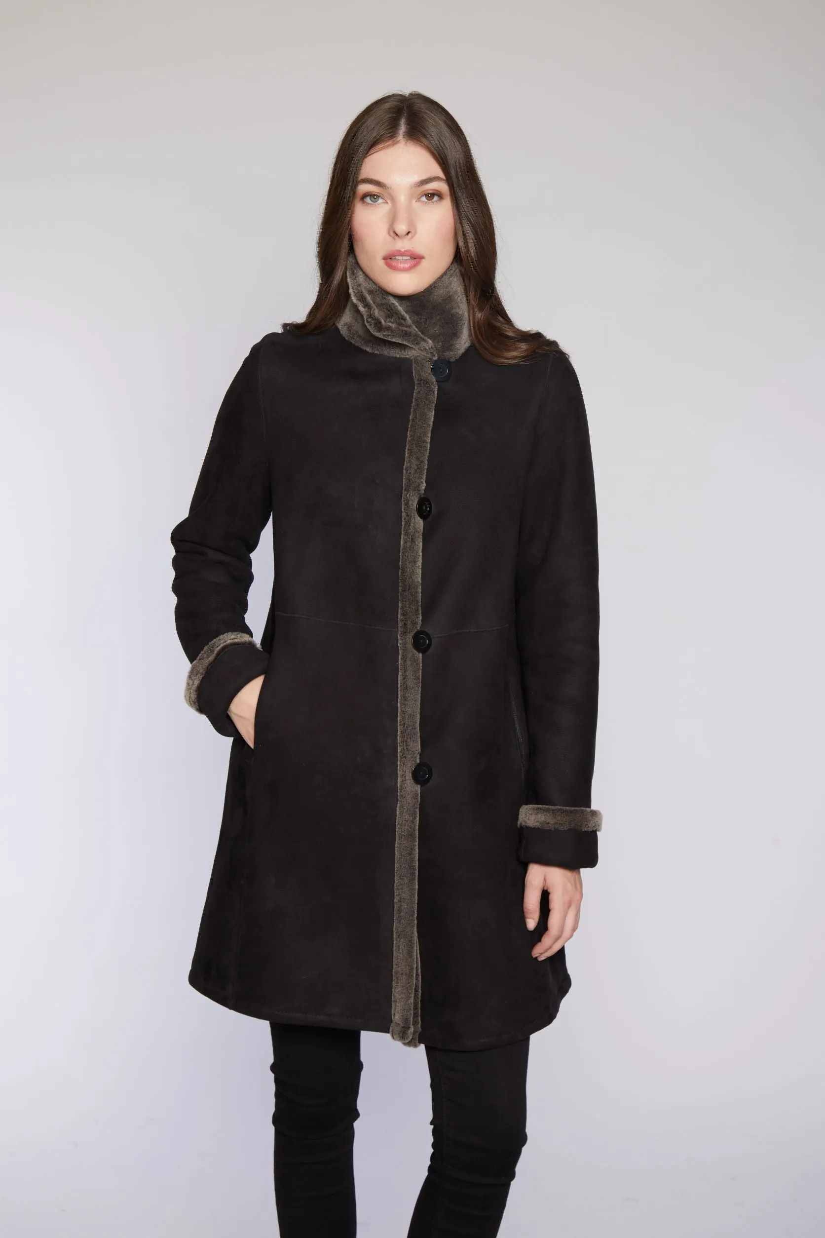 #6160 Reversible Spanish Merino Shearling Coat shown  limited sizes  $500  sorry no additional discounts