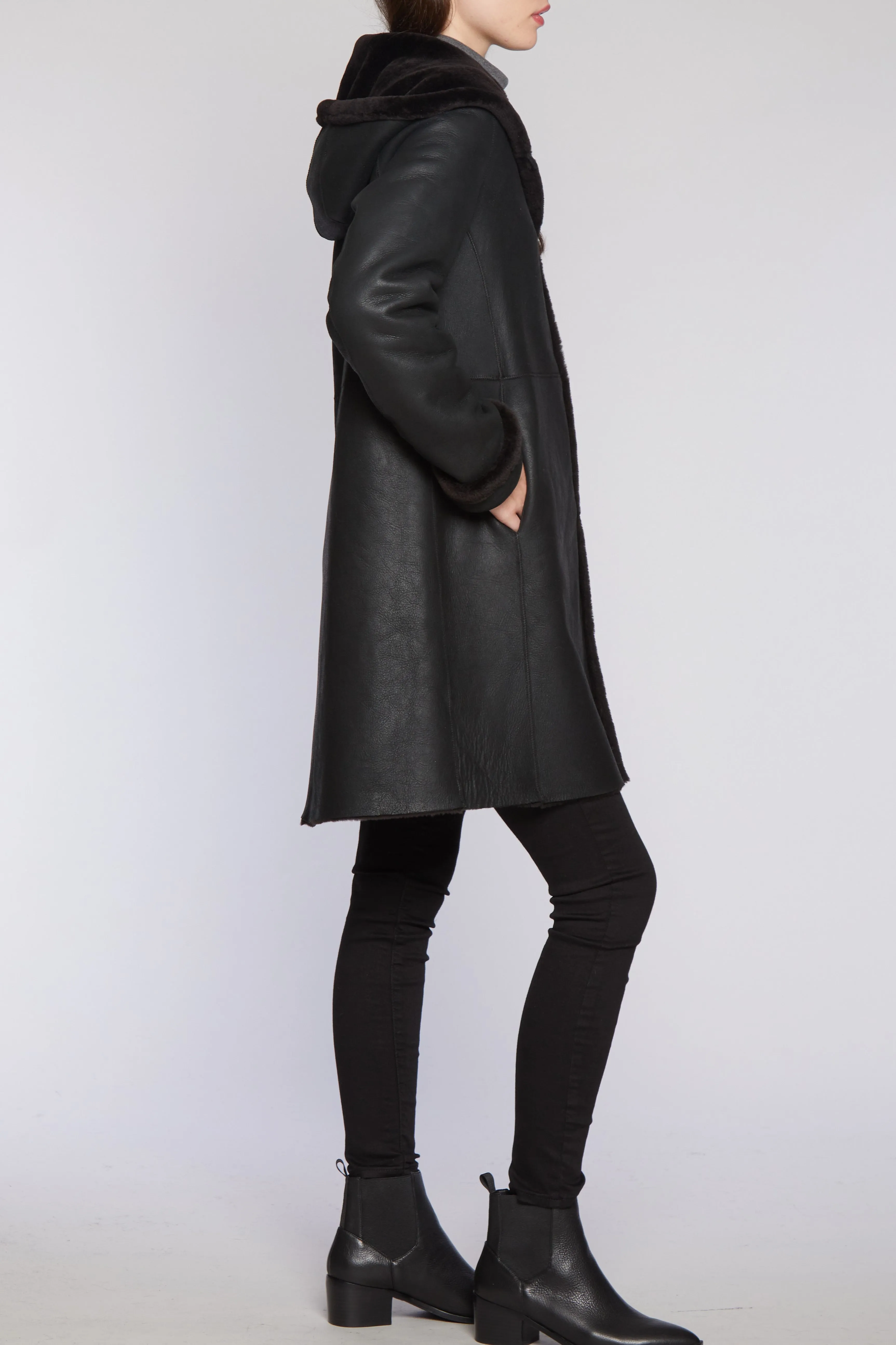 #6169 Hooded Reversible Shearling Coat  REVERSE TO CURLY WOOL  $500   sorry no additional discounts