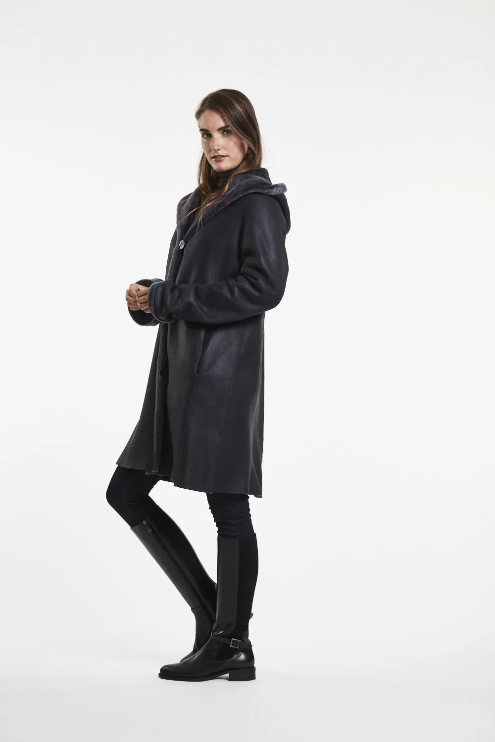 #6169 Hooded Reversible Shearling Coat  REVERSE TO CURLY WOOL  $500   sorry no additional discounts