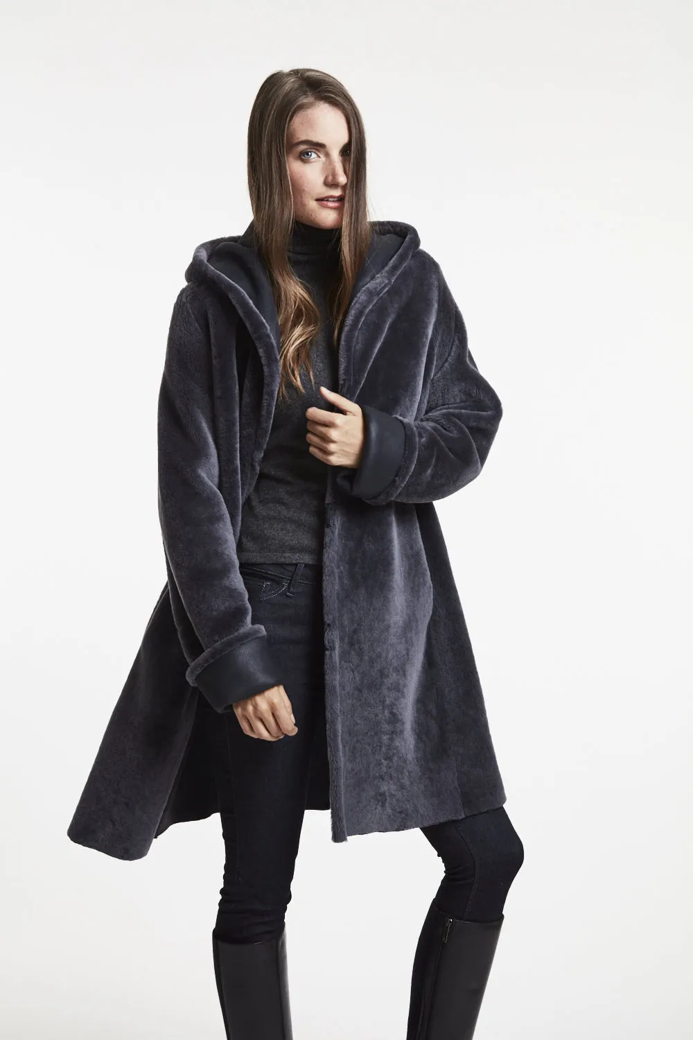 #6169 Hooded Reversible Shearling Coat  REVERSE TO CURLY WOOL  $500   sorry no additional discounts