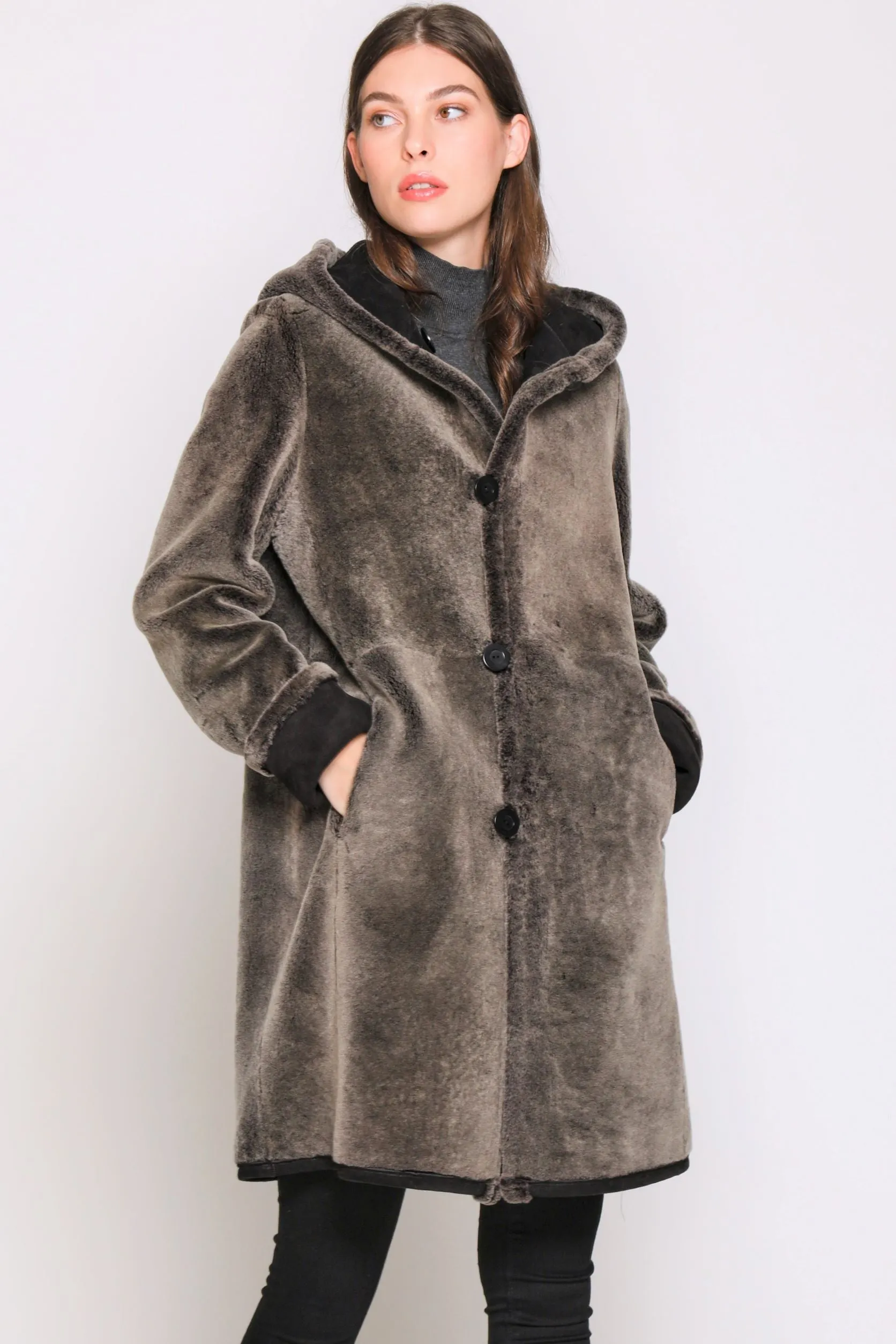 #6169 Hooded Reversible Shearling Coat  REVERSE TO CURLY WOOL  $500   sorry no additional discounts