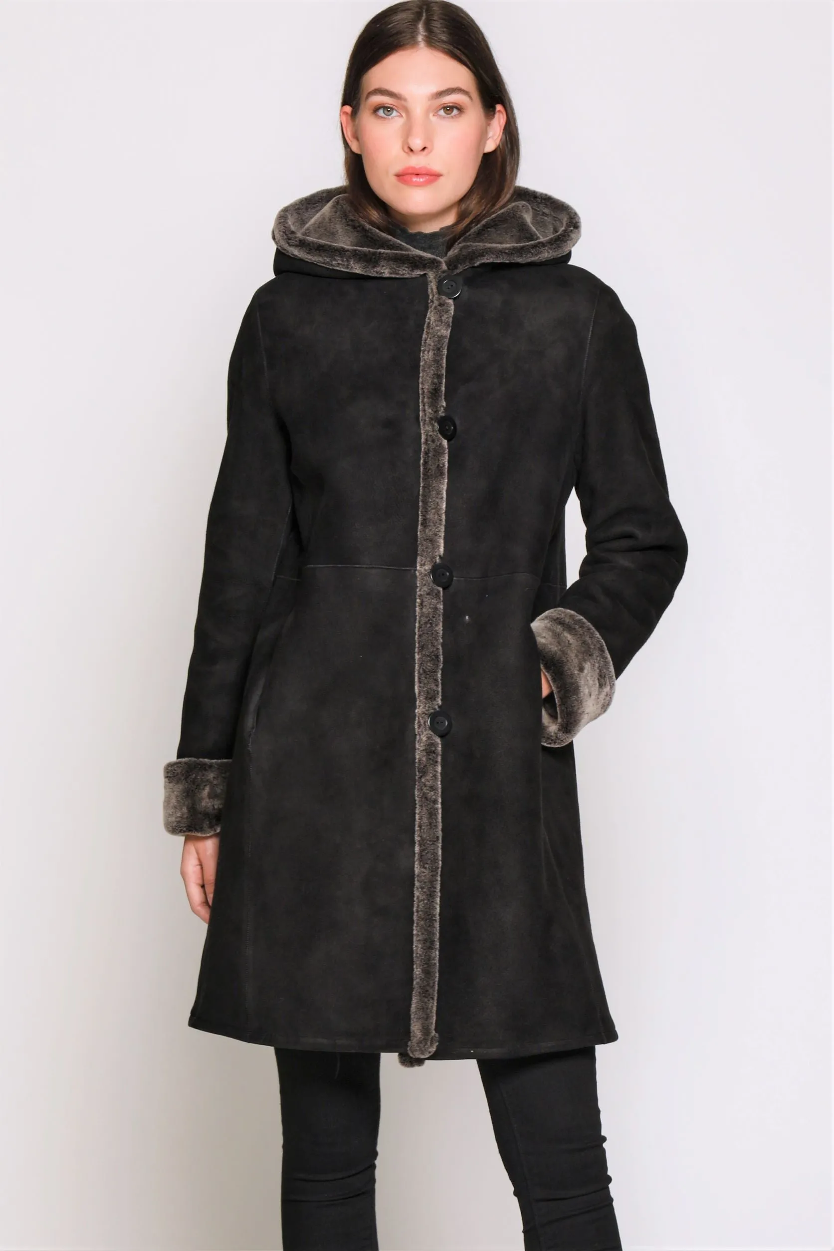 #6169 Hooded Reversible Shearling Coat  REVERSE TO CURLY WOOL  $500   sorry no additional discounts