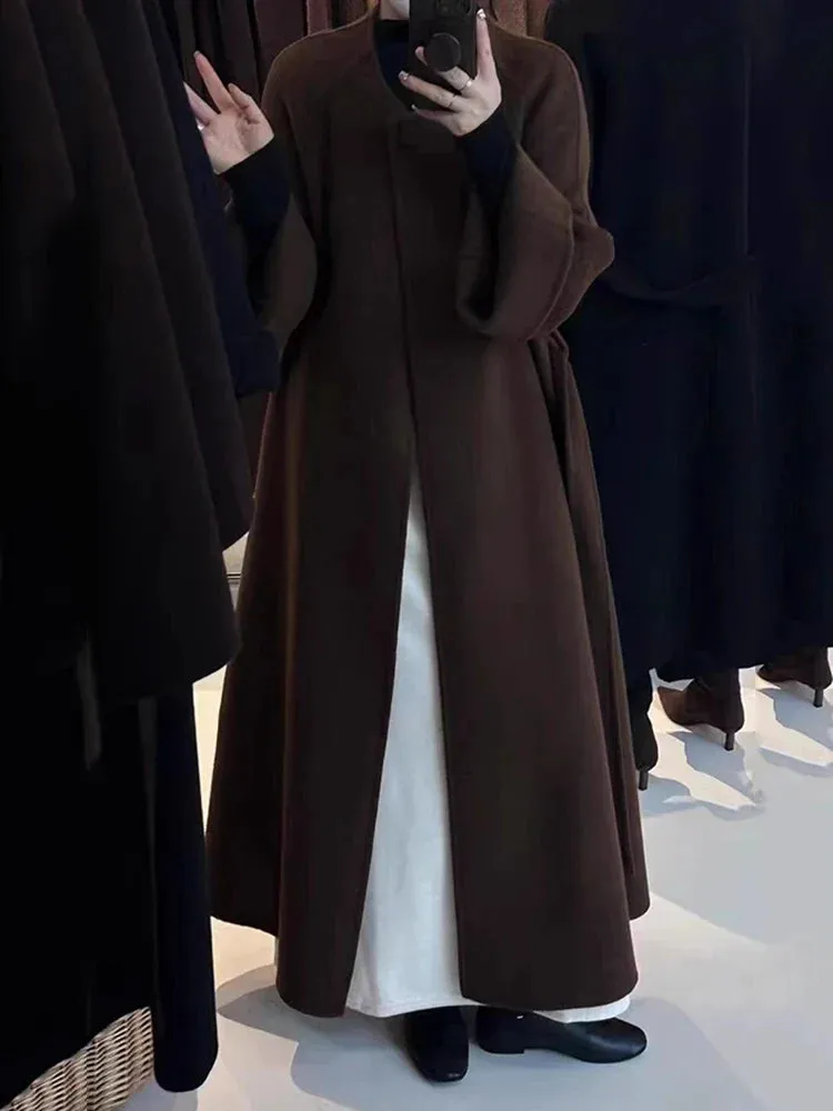 Autumn Winter Wool Belt Lace-Up Overcoat