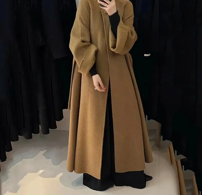 Autumn Winter Wool Belt Lace-Up Overcoat