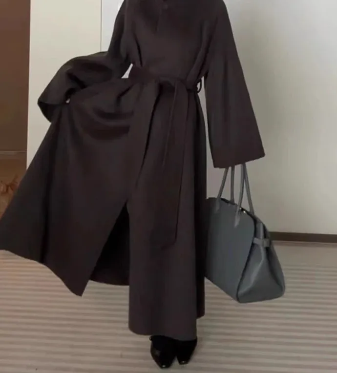 Autumn Winter Wool Belt Lace-Up Overcoat