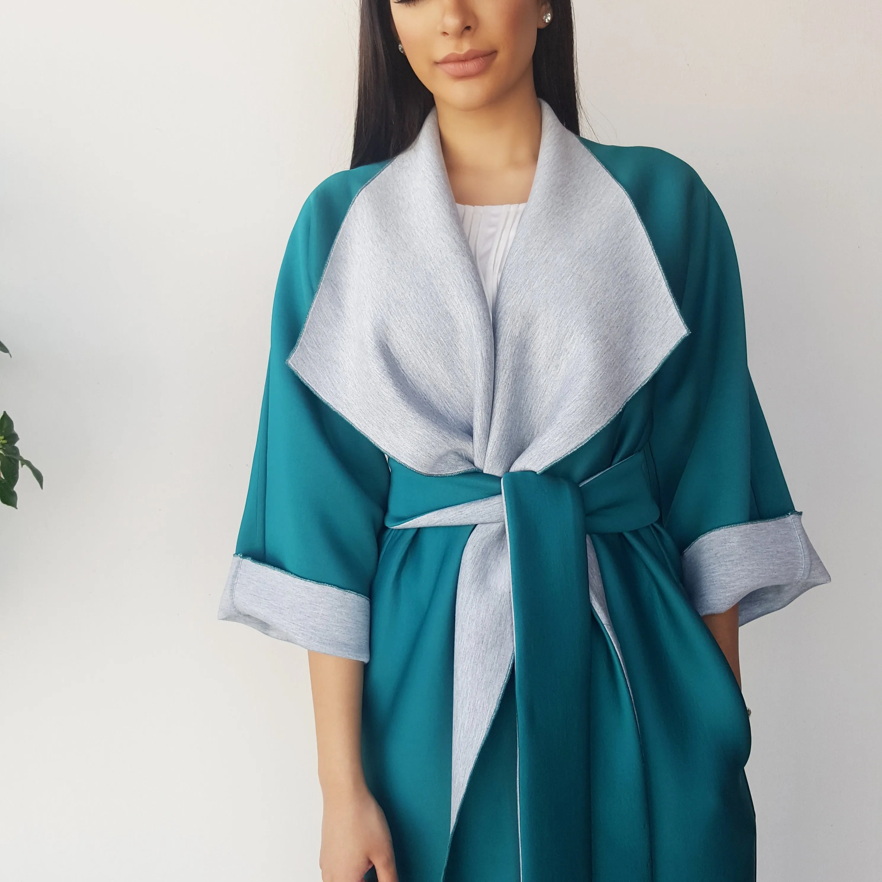 AW17 2 TONE TEAL & GREY OVERLAP SCROLL COLLAR ABAYA IN NEOPRENE
