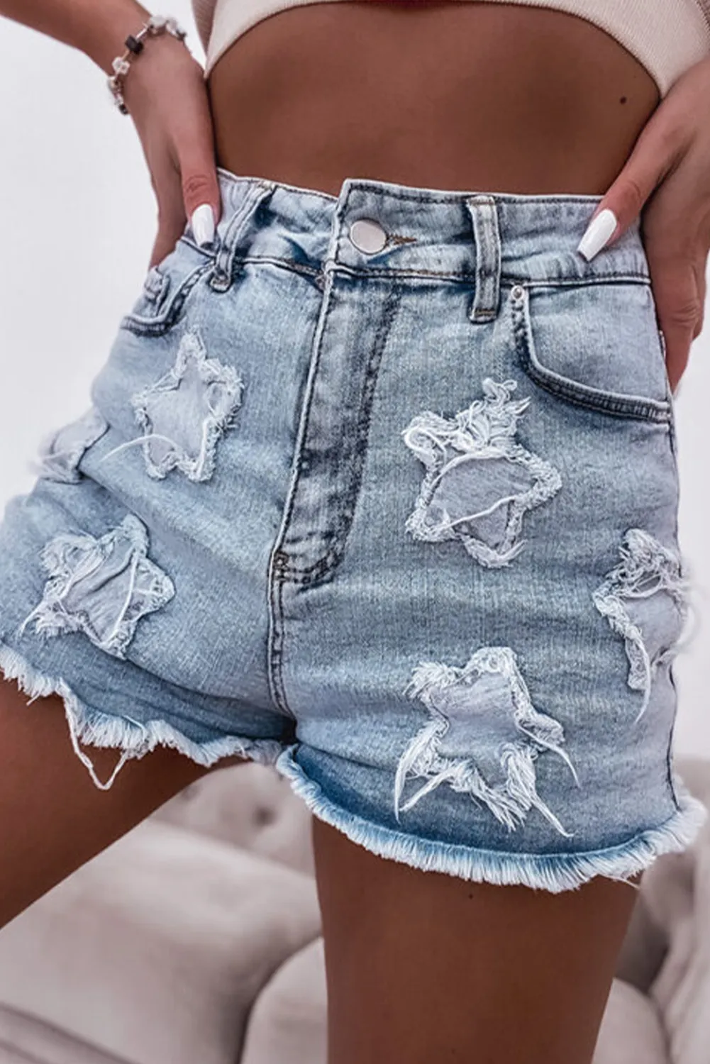 Beau Blue High Rise Star Patched Frayed Hem Denim Shorts