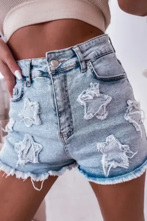 Beau Blue High Rise Star Patched Frayed Hem Denim Shorts