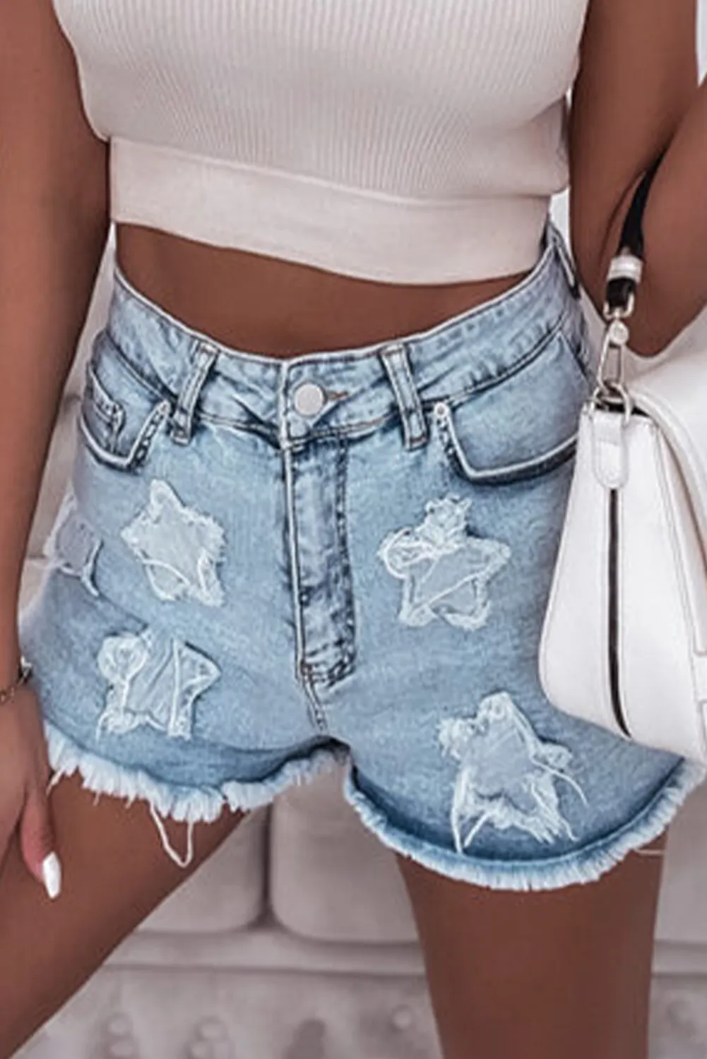 Beau Blue High Rise Star Patched Frayed Hem Denim Shorts