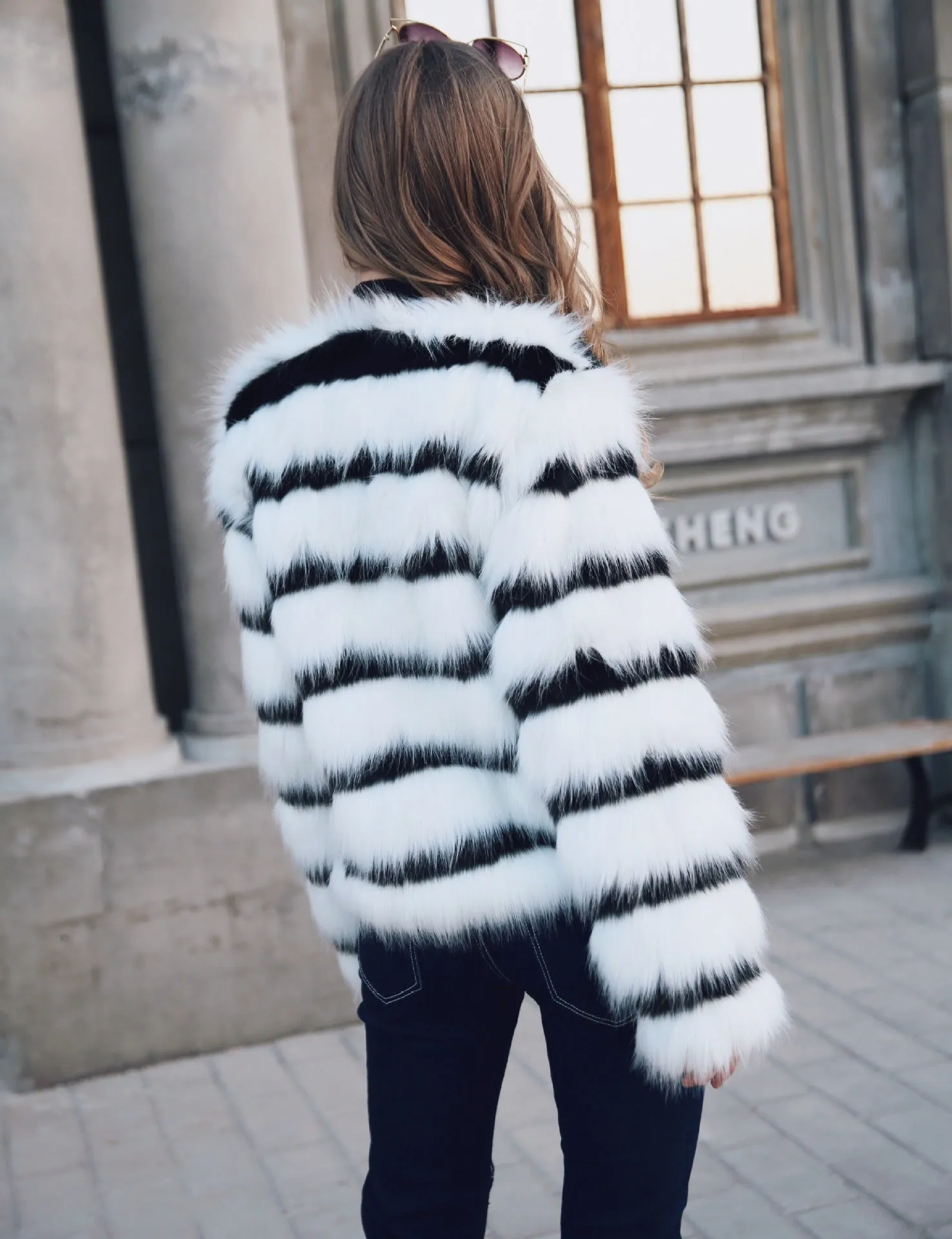 Black and White Striped Faux Fur Long Sleeve Coat