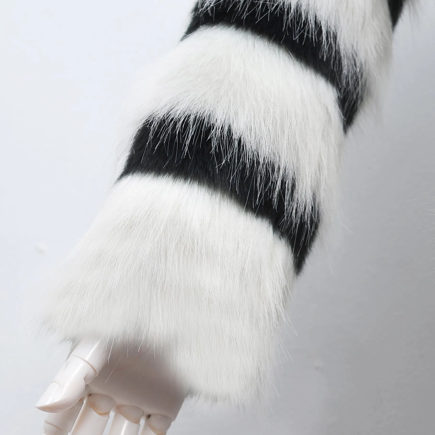Black and White Striped Faux Fur Long Sleeve Coat