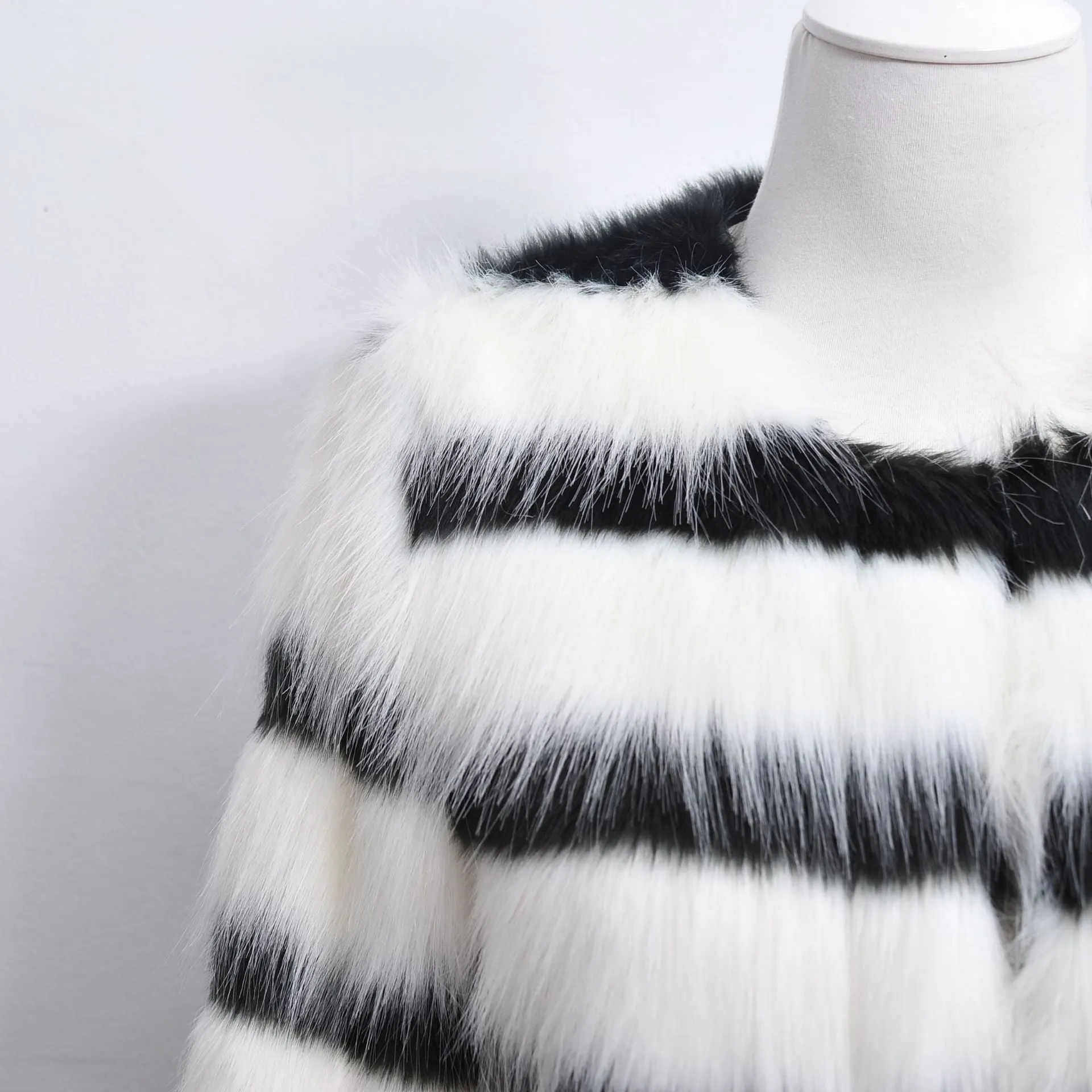 Black and White Striped Faux Fur Long Sleeve Coat