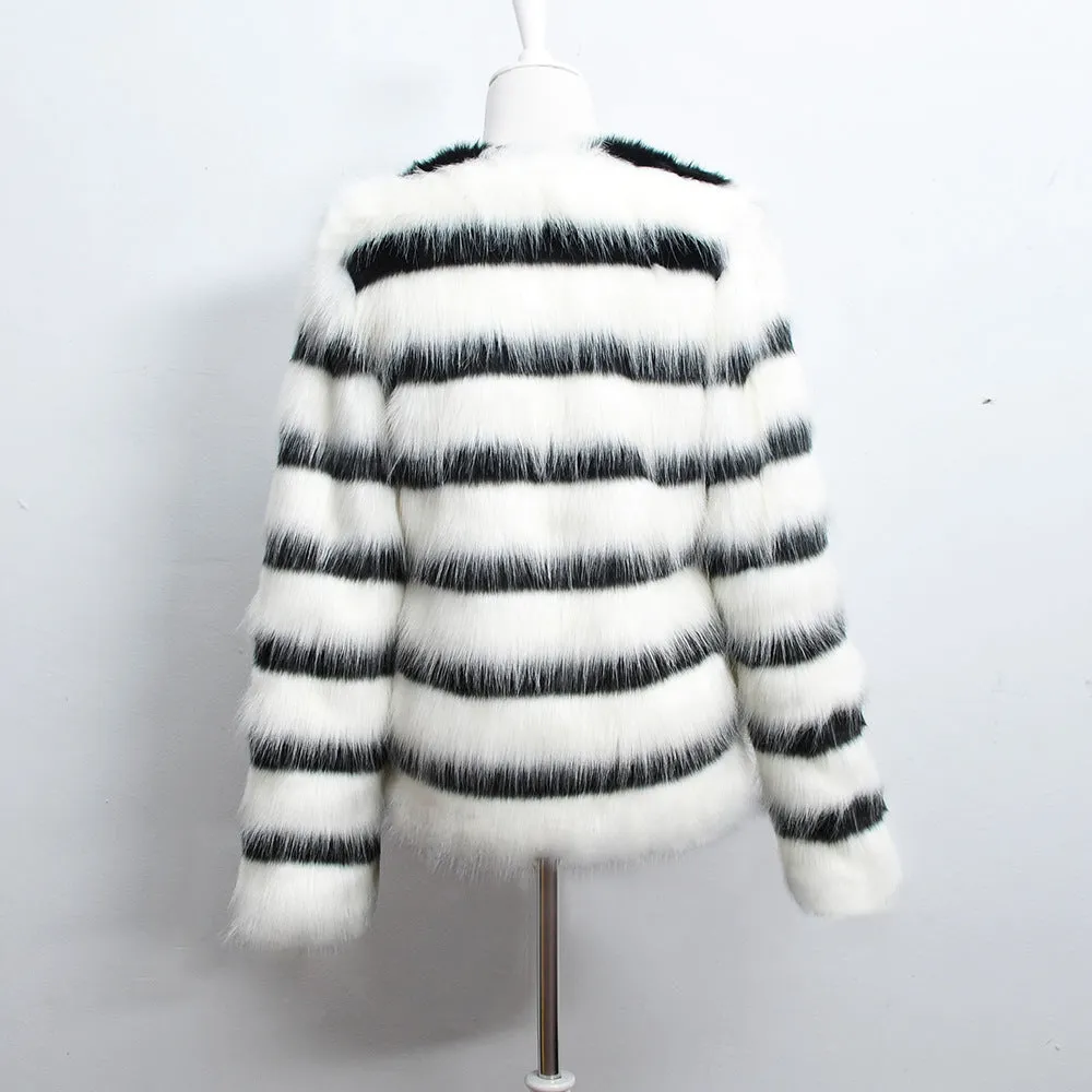 Black and White Striped Faux Fur Long Sleeve Coat