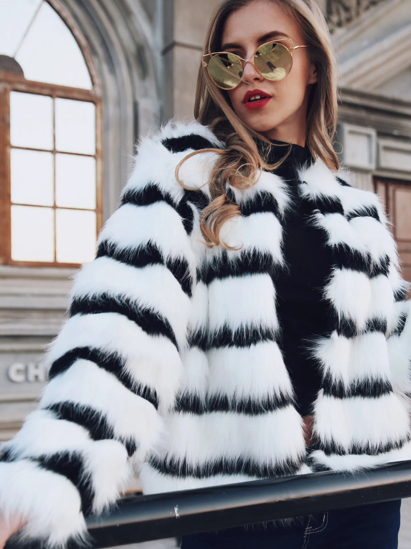 Black and White Striped Faux Fur Long Sleeve Coat