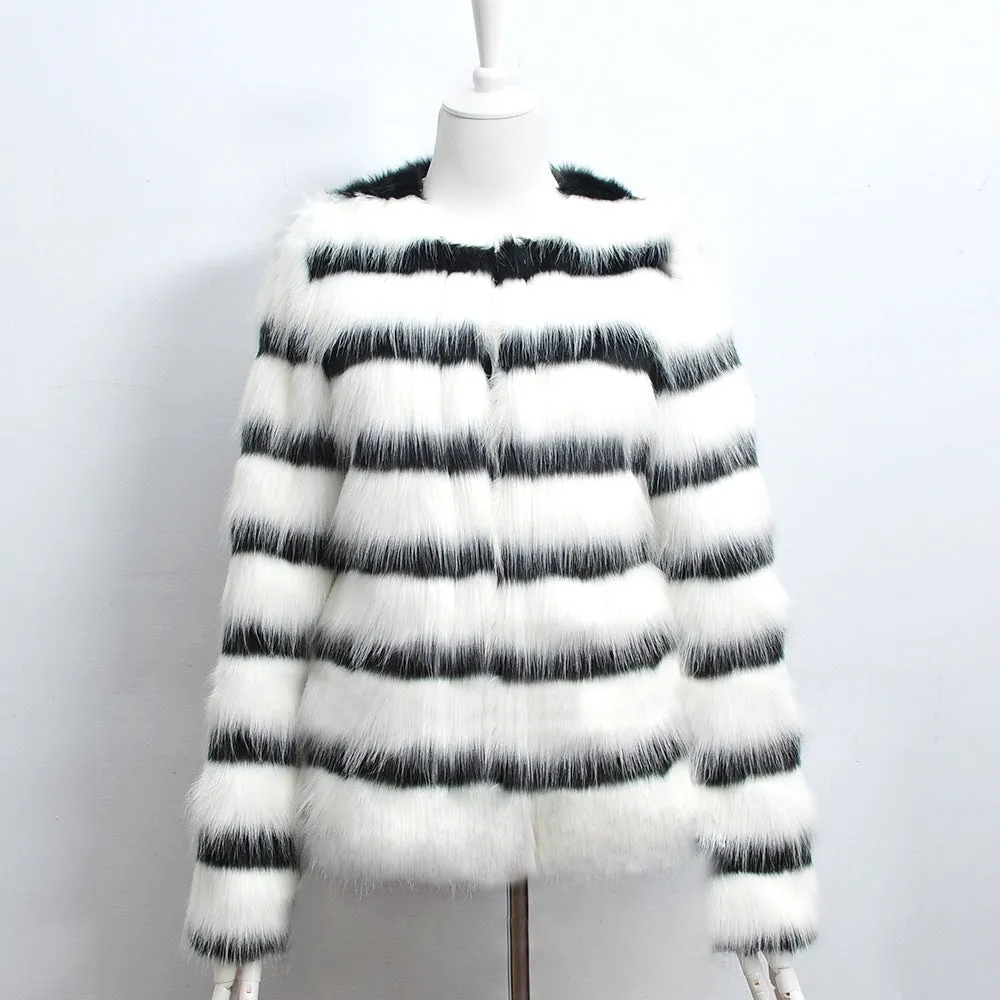 Black and White Striped Faux Fur Long Sleeve Coat