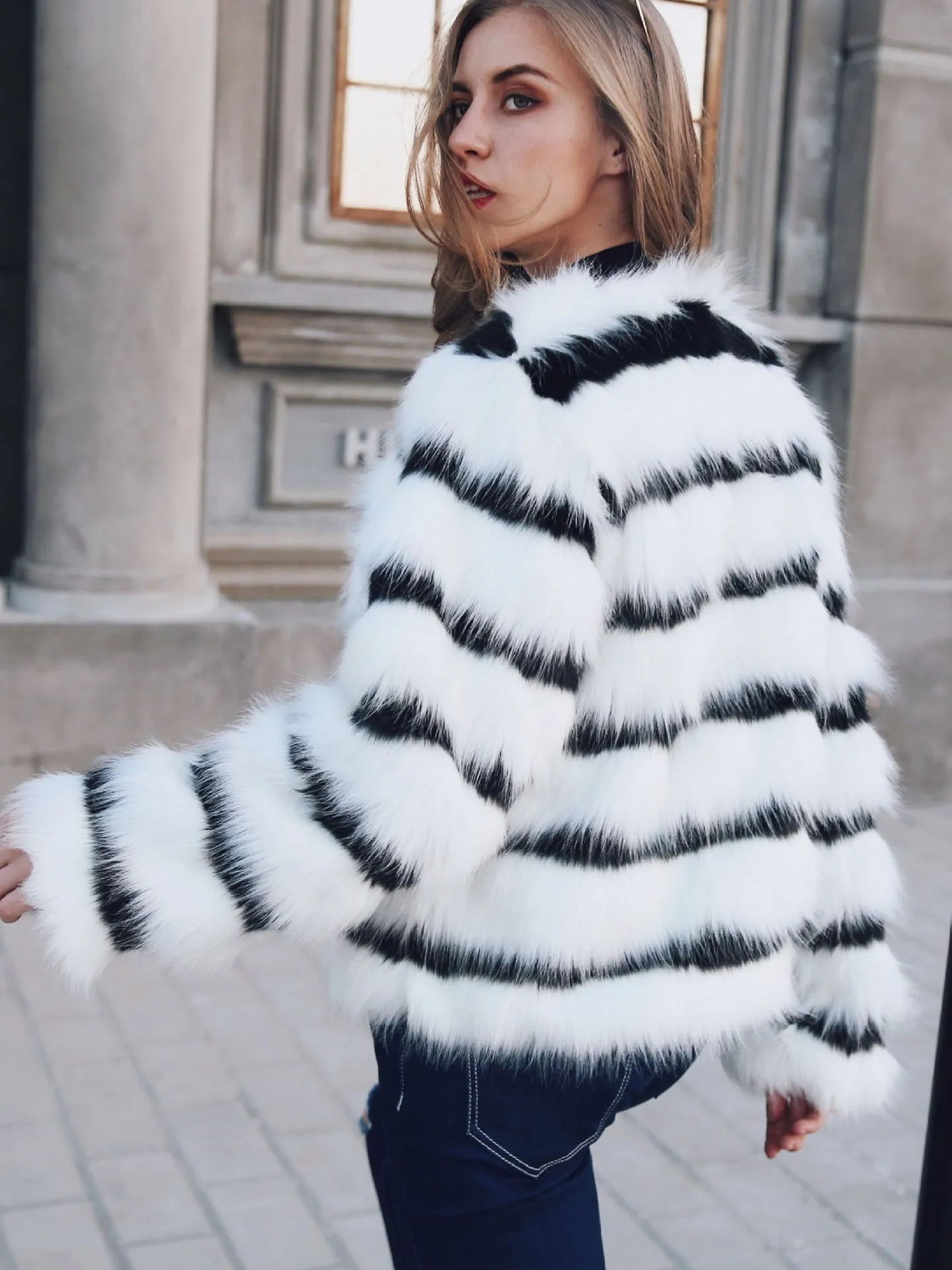 Black and White Striped Faux Fur Long Sleeve Coat