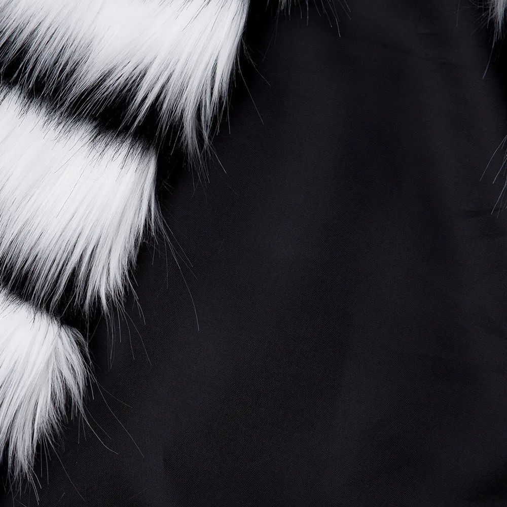 Black and White Striped Faux Fur Long Sleeve Coat