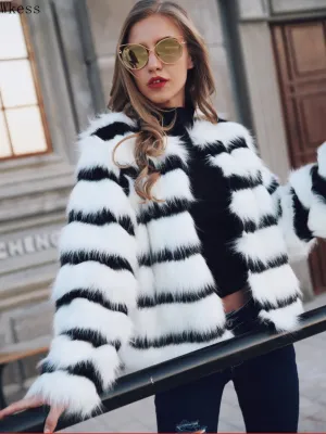 Black and White Striped Faux Fur Long Sleeve Coat