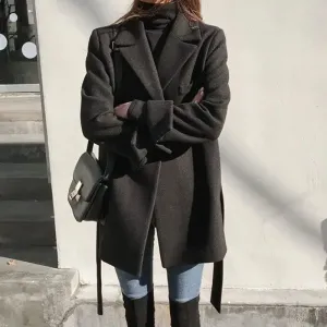 Black Blazer Wool Blend Lace-Up Overcoat