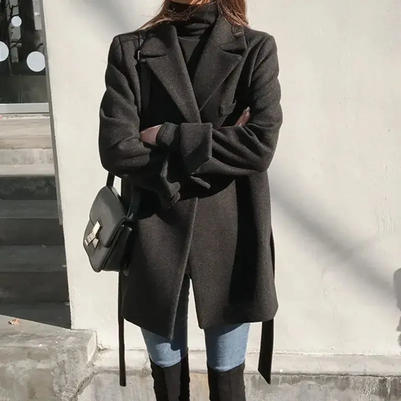 Black Blazer Wool Blend Lace-Up Overcoat
