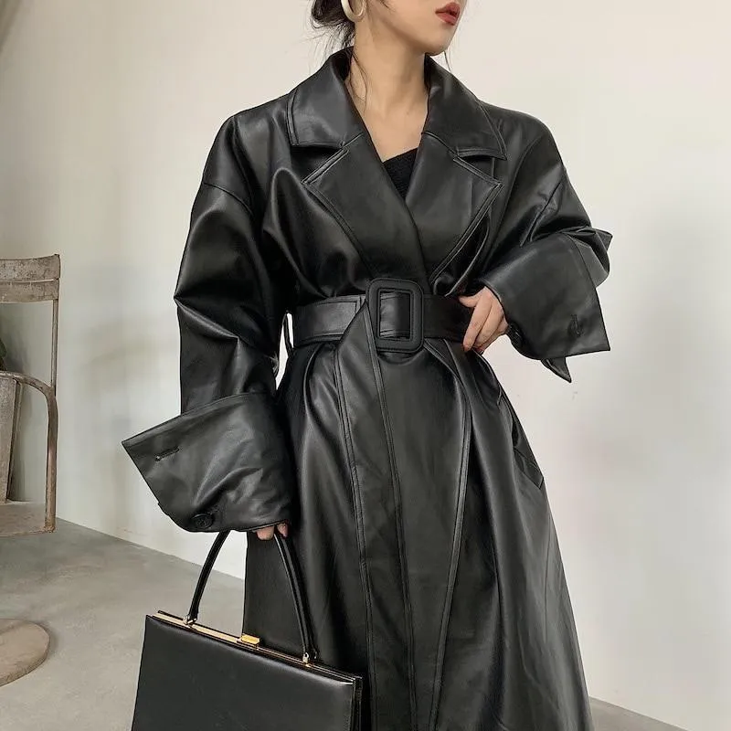 Black Oversized Leather Trench Coat for Women
