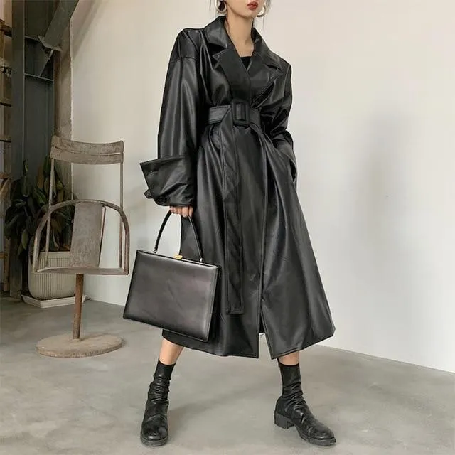 Black Oversized Leather Trench Coat for Women