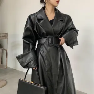 Black Oversized Leather Trench Coat for Women