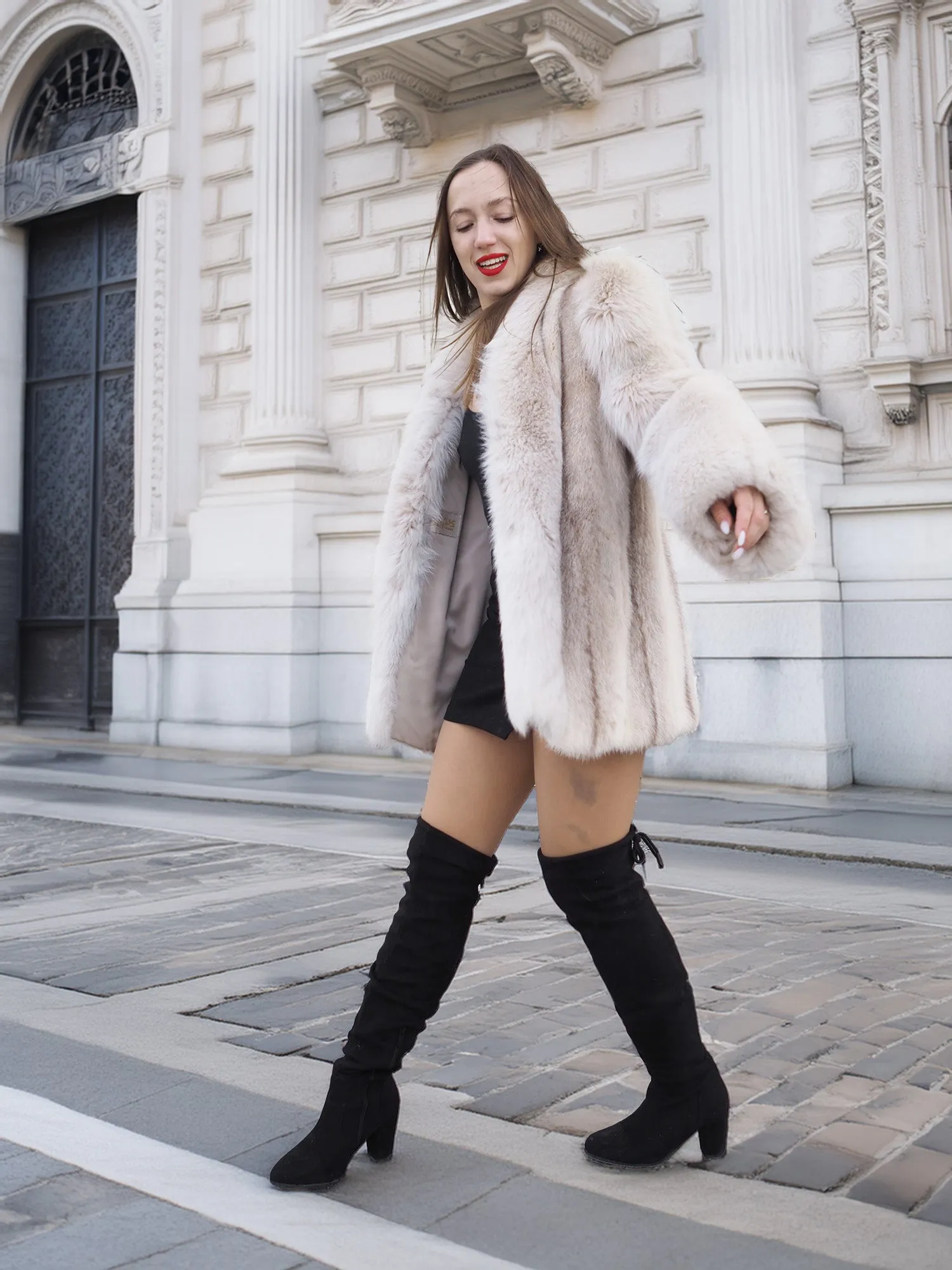 Brown Cross Mink Fur Coat Jacket S With Blush Fox Trim