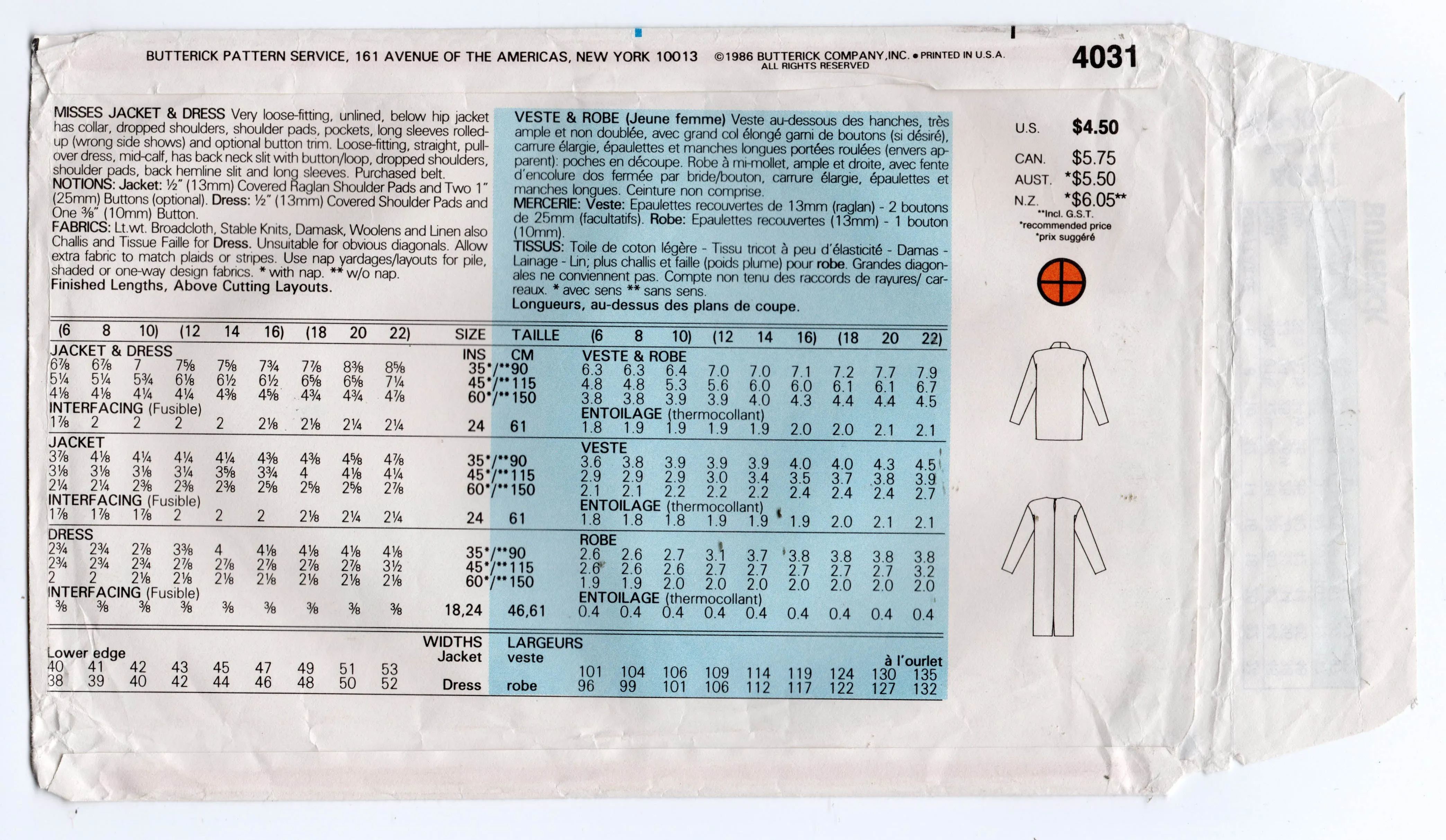 Butterick 4031 Womens EASY Dress & Cocoon Jacket 1980s Vintage Sewing Pattern Size 6 - 10 UNCUT Factory Folded