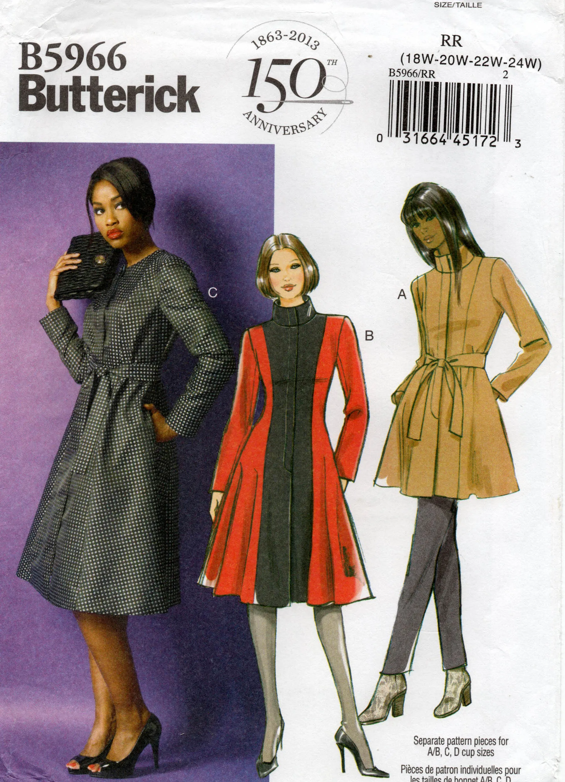 Butterick 5966 Womens Fit and Flared Coat Jacket & Belt Sewing Pattern Size 18 - 24 UNCUT Factory Folded