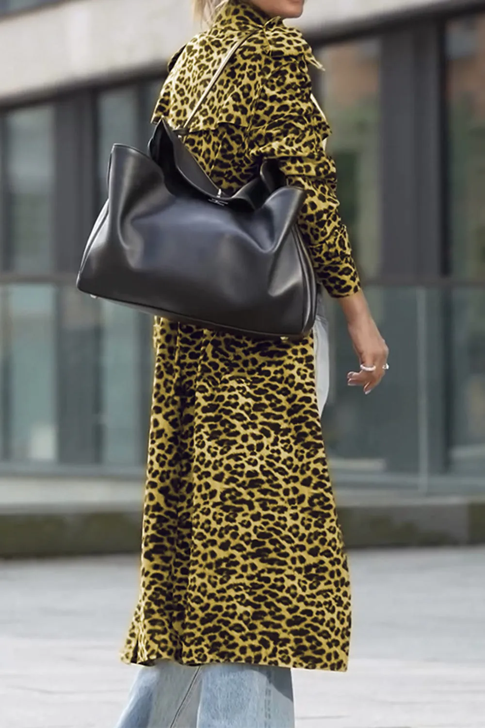 Camila Leopard Collared Neck Long Sleeve Trench Coat | Poundton